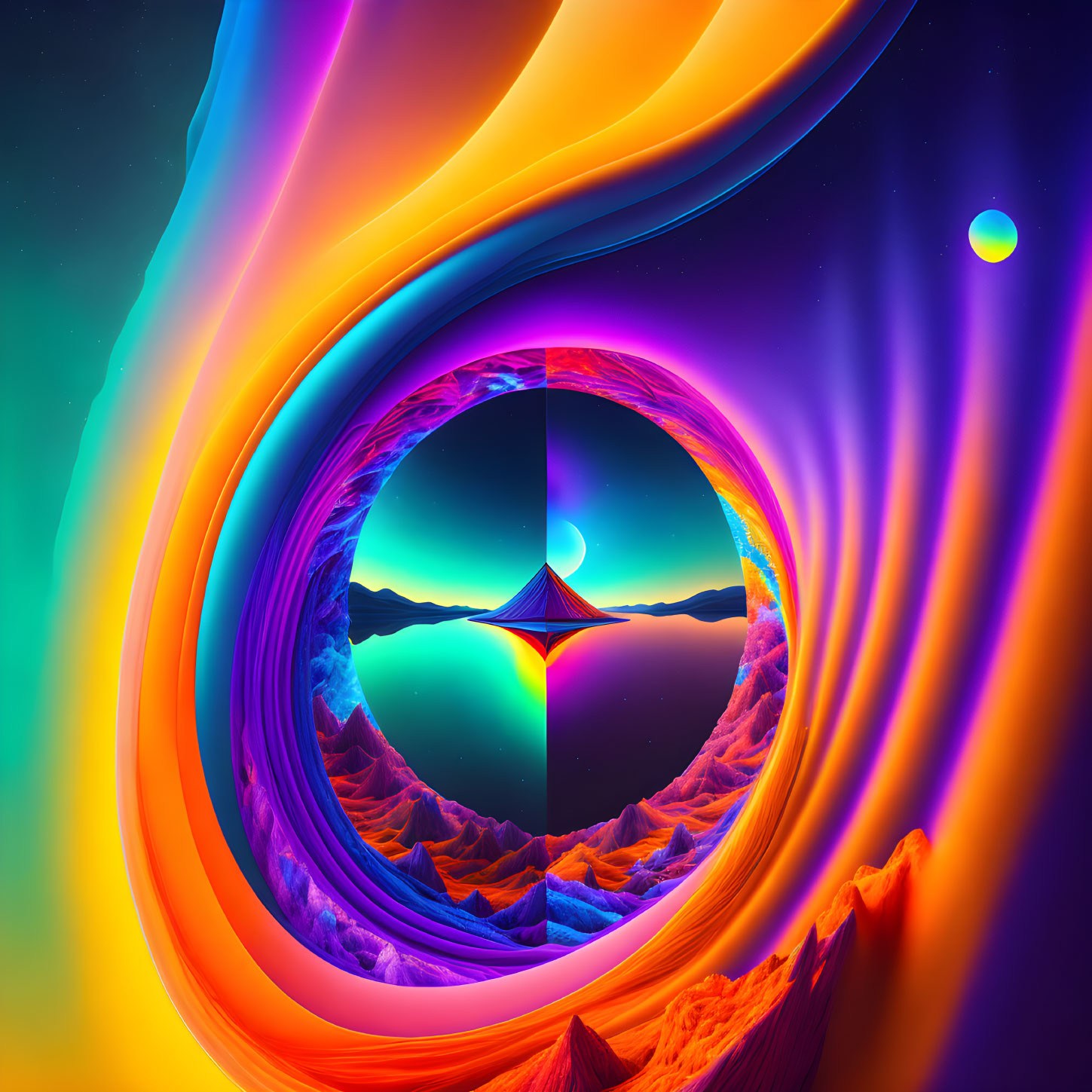 Colorful digital artwork with neon swirls and serene landscape portal