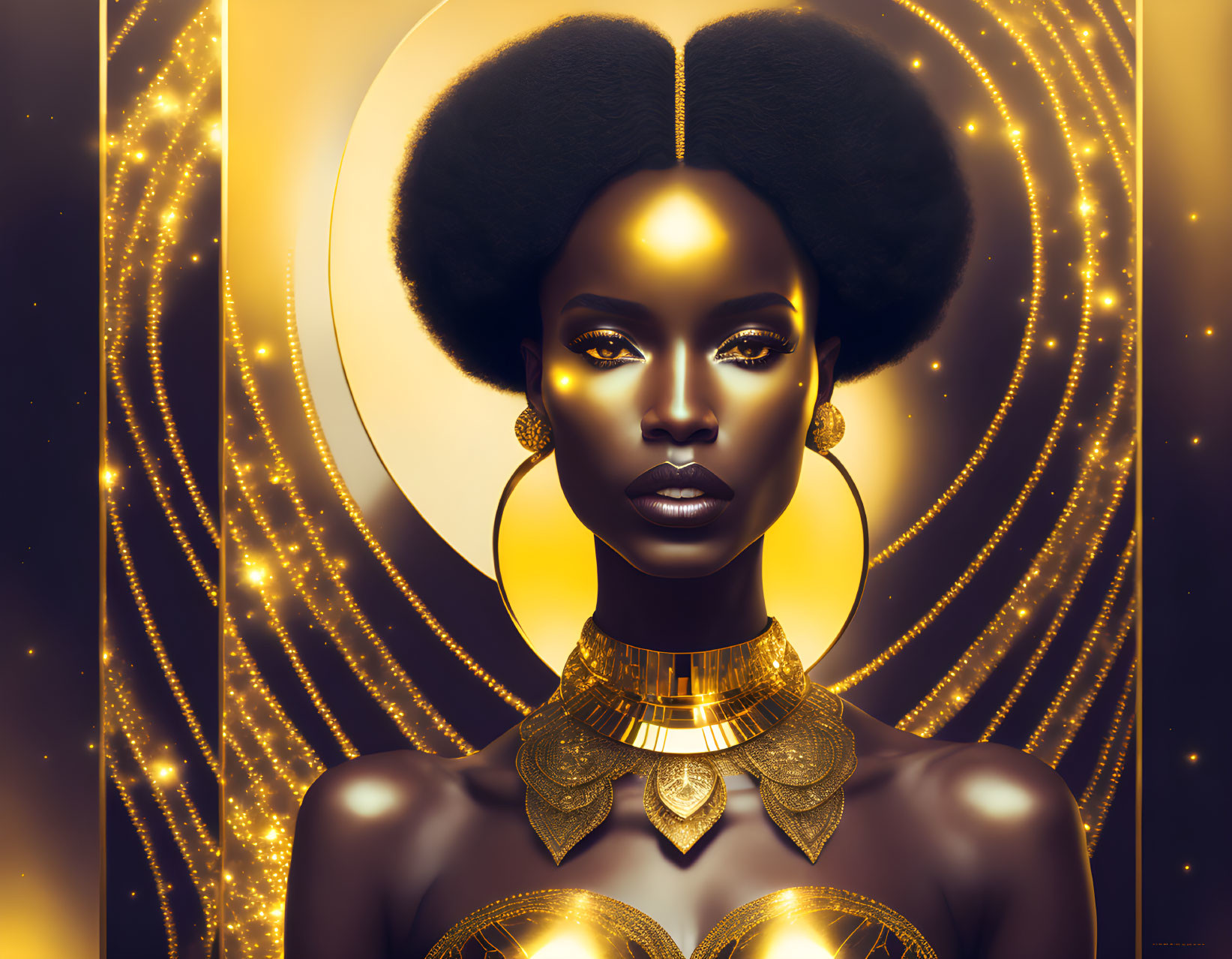 Stylized afro-haired woman with gold jewelry on golden backdrop