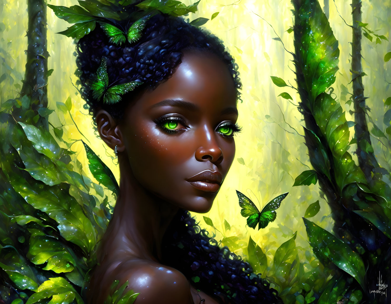 Digital artwork featuring a woman with vibrant green eyes and butterfly hair adornments in a lush forest.