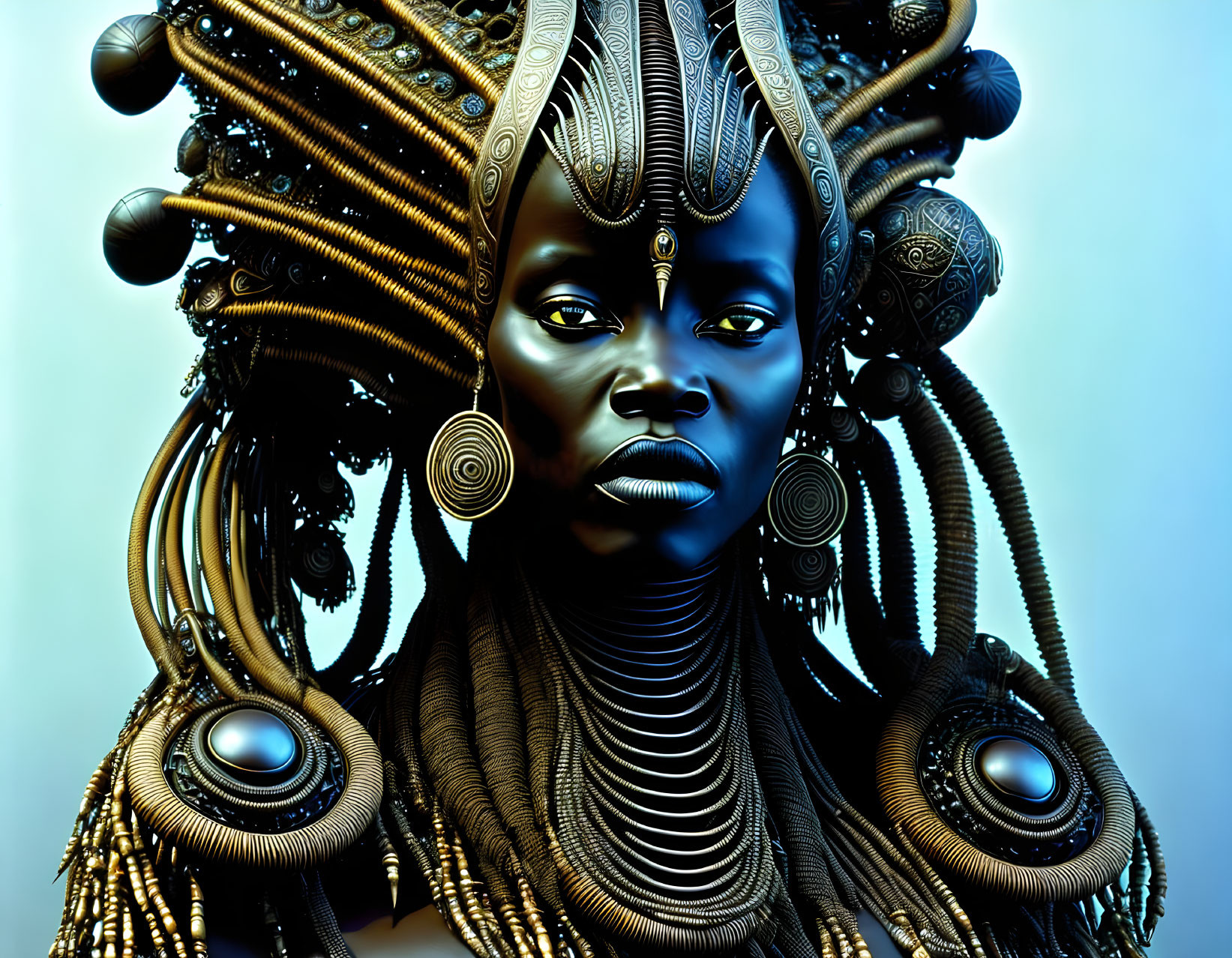 Detailed digital portrait with ornate hair ornaments and neck rings against a dark skin and blue background.
