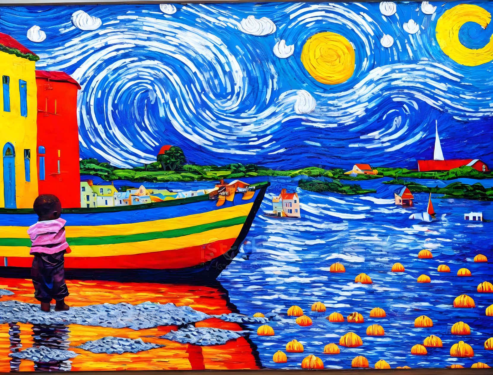 Vibrant painting blending Starry Night sky with seaside town and child by boat