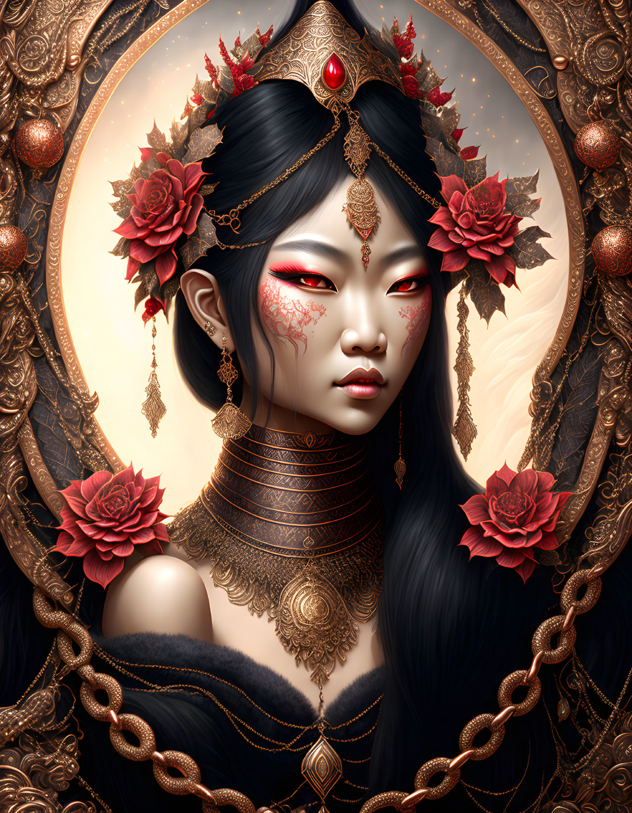 Digital Art Portrait of Woman with Black Hair and Red Flowers, Gold Jewelry, and Mystical Makeup on