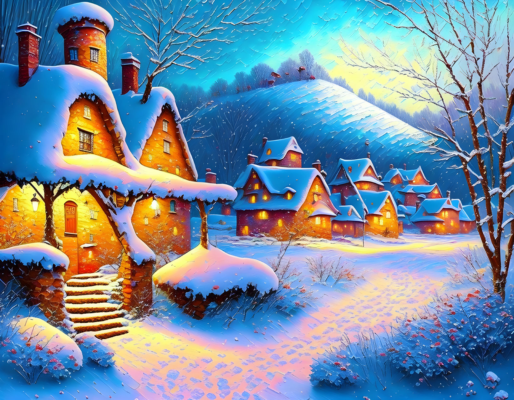 Snow-covered winter village scene with illuminated houses and starry night sky