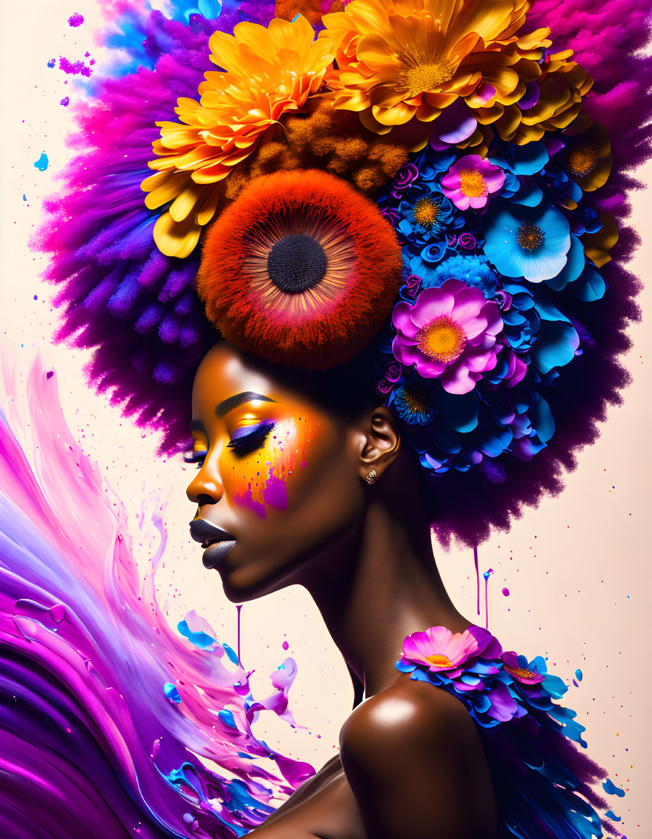 Colorful floral portrait with vibrant paint splashes around woman's head