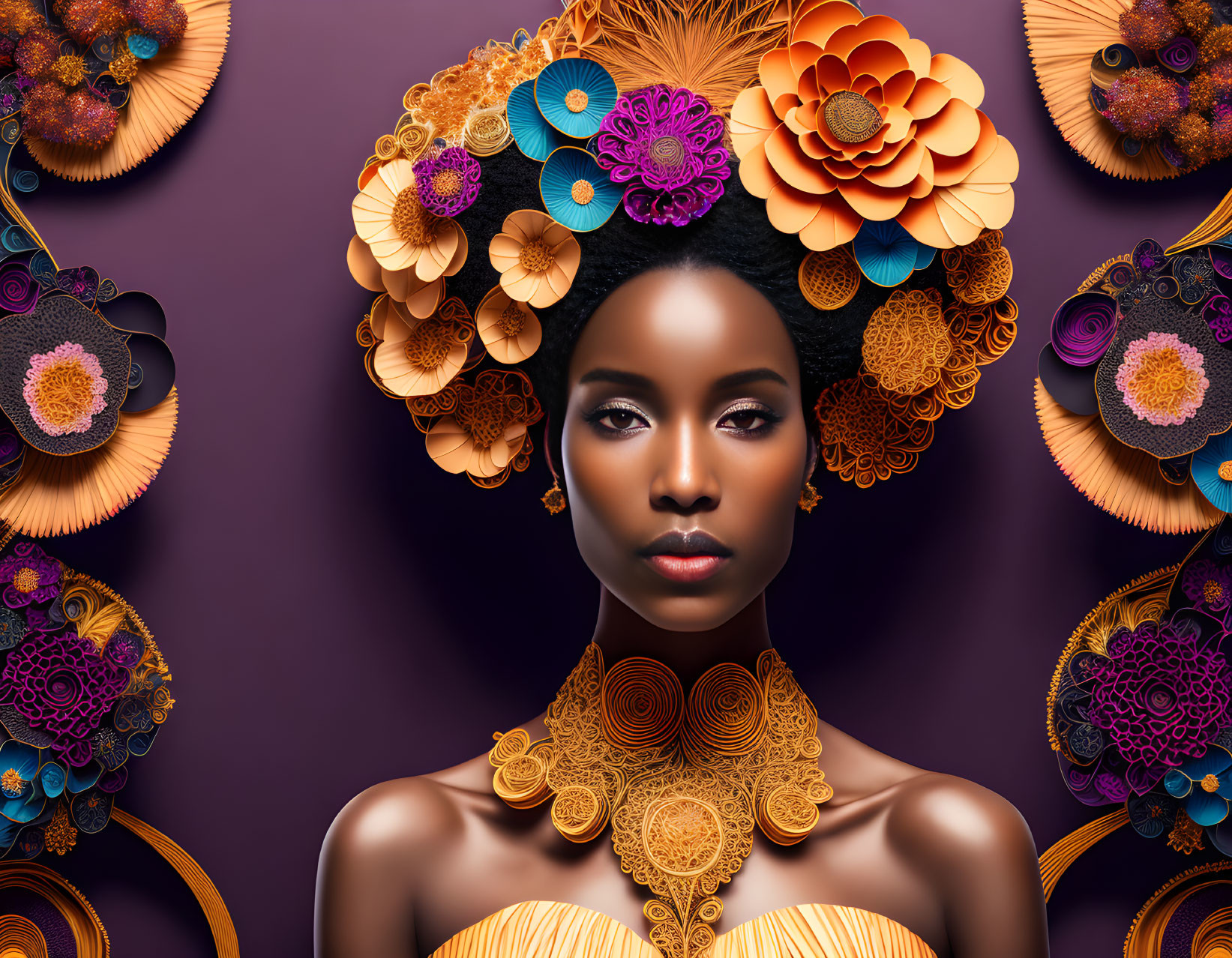 Woman wearing decorative flower headpiece on purple background