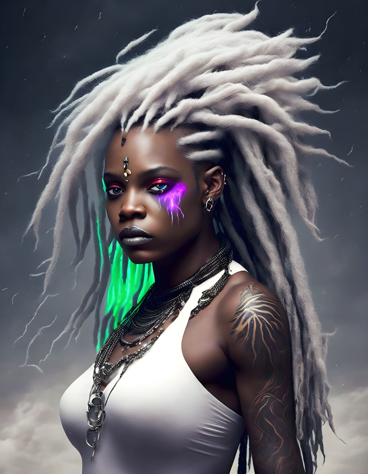 Woman with White Dreadlocks and Purple Eye Makeup Stands Confidently