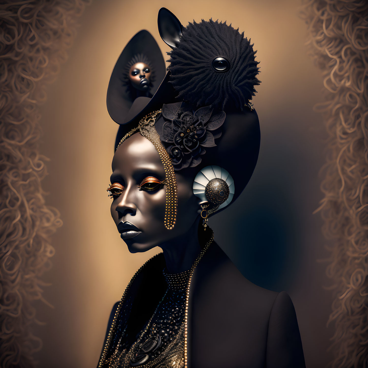 Elaborate Dark Headgear with Metallic and Floral Elements