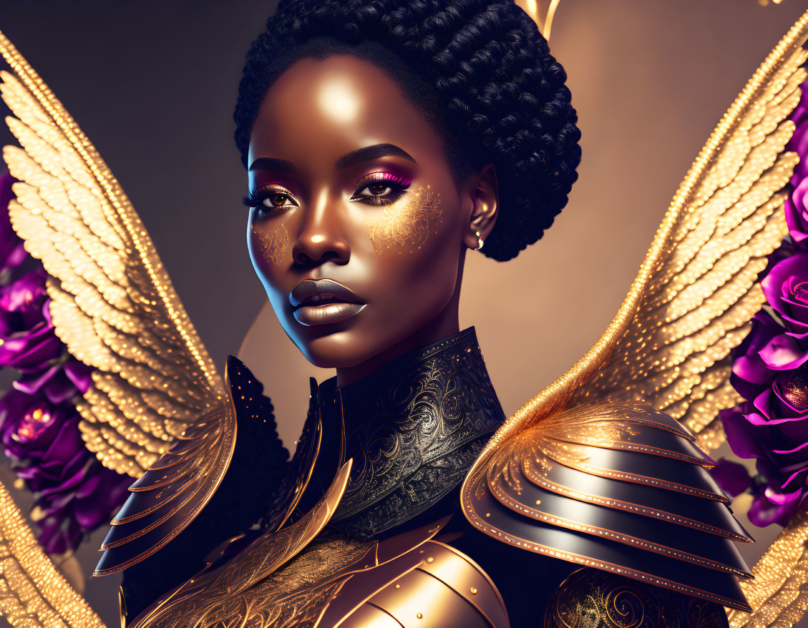 Digital art portrait of woman in golden armor, wings, black and gold makeup, braided hair,