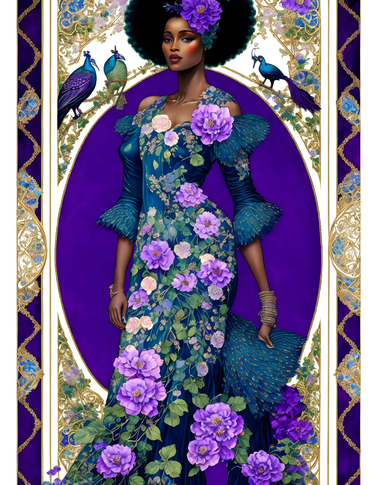 Woman in luxurious peacock-themed gown with ornate golden patterns on purple background