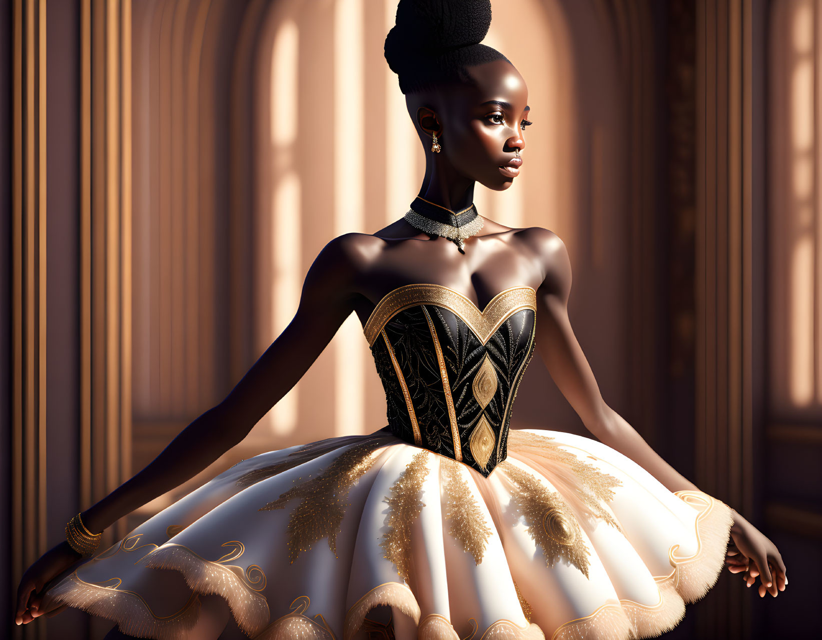 Stylish 3D illustration of woman in gold and black corset dress