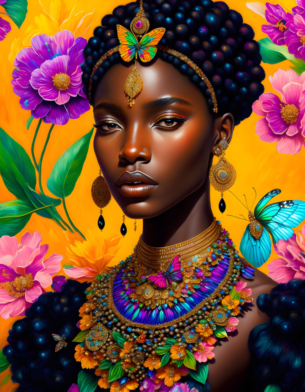 Colorful digital portrait of woman adorned with jewelry, flowers, and butterflies