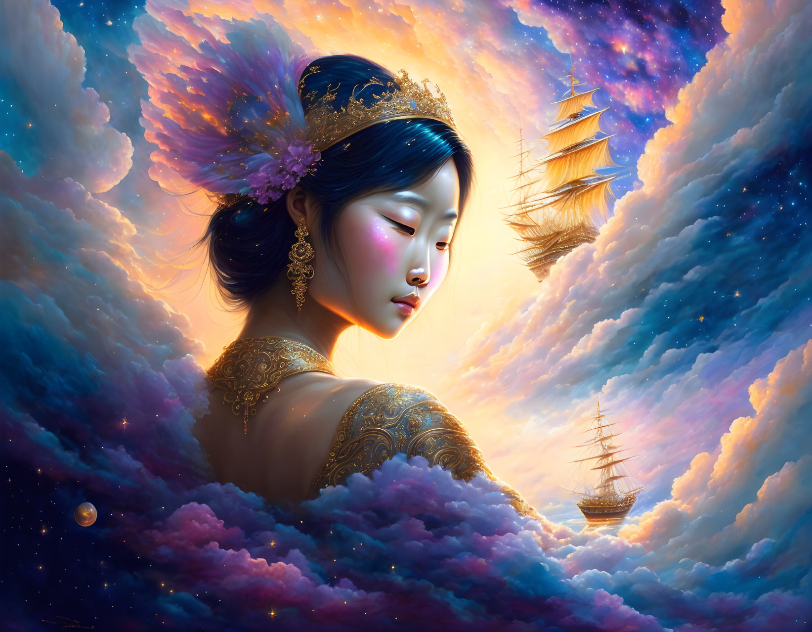 Digital artwork: Woman in ornate attire under starry sky