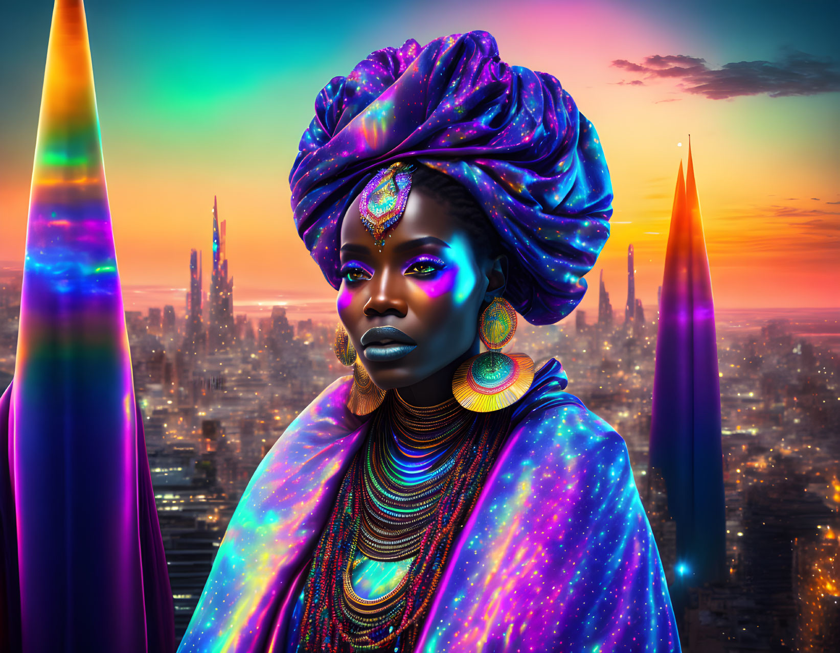 Futuristic portrait of woman with headwrap and vibrant makeup in neon-lit cityscape