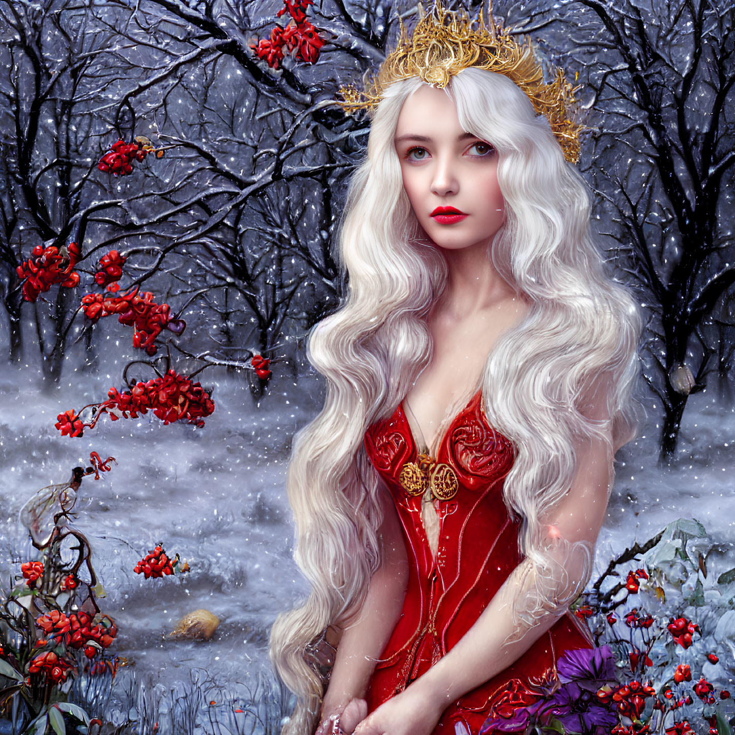 Silver-haired woman with golden crown in wintry forest with red berries and detailed red dress