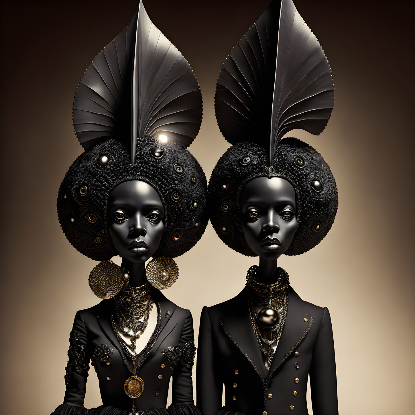 Elaborate Black Headpieces and Gold Jewelry on Figures in Dark Attire