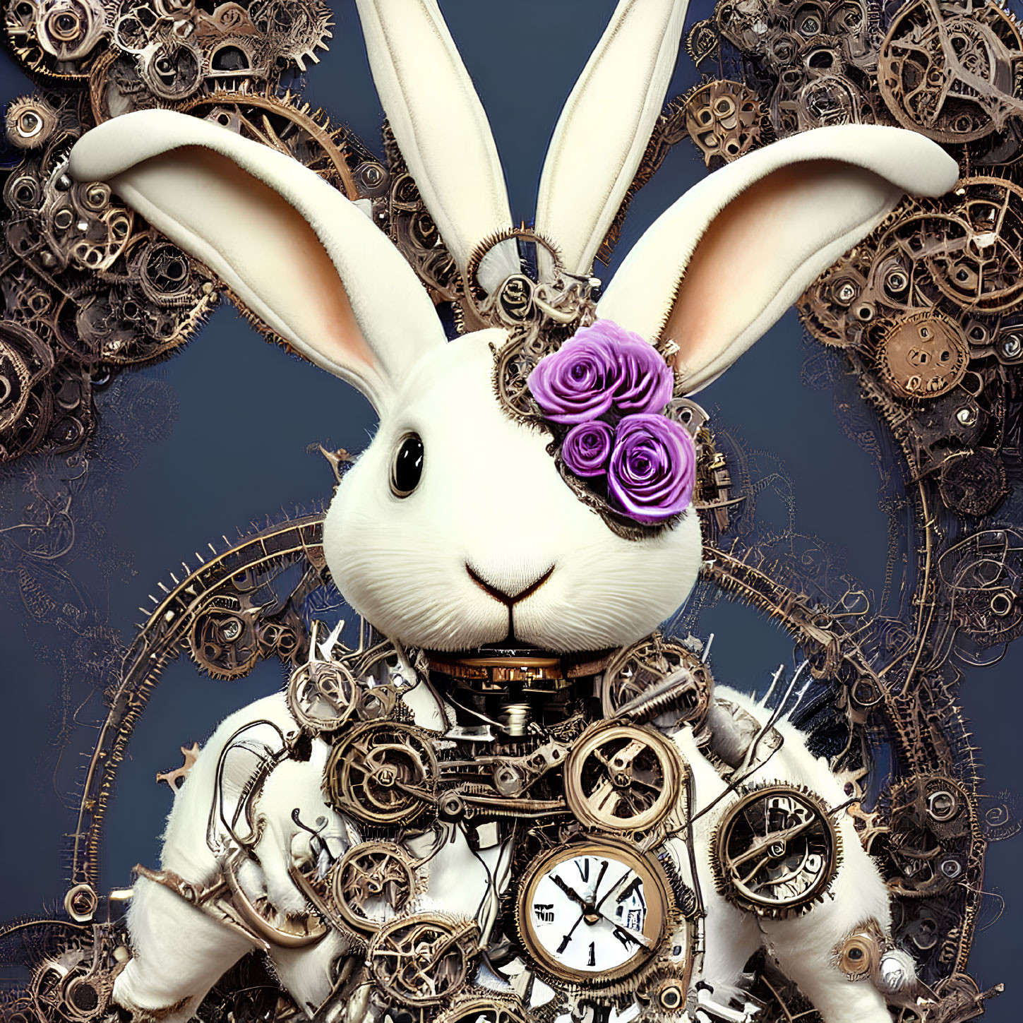 Steampunk-style white rabbit with gear mechanisms and clocks, purple flowers on ear, against backdrop of