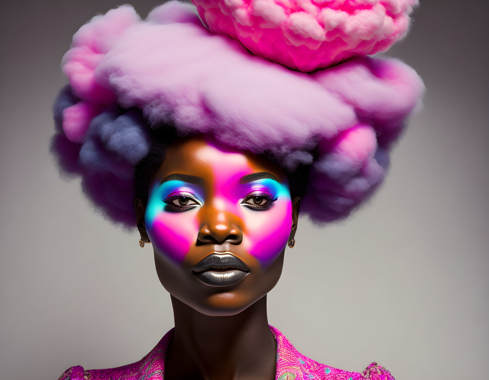 Colorful Cloud-Like Hairdo and Vibrant Makeup on Woman