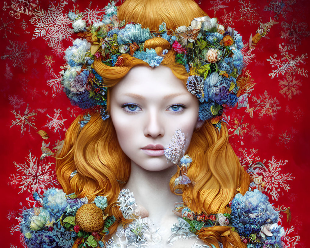 Vibrant red-haired woman with flower crown on red background with snowflakes