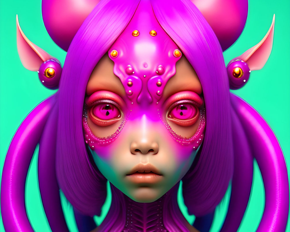 Colorful digital artwork: alien creature with purple hair and skin, large eyes, horn-like ears,