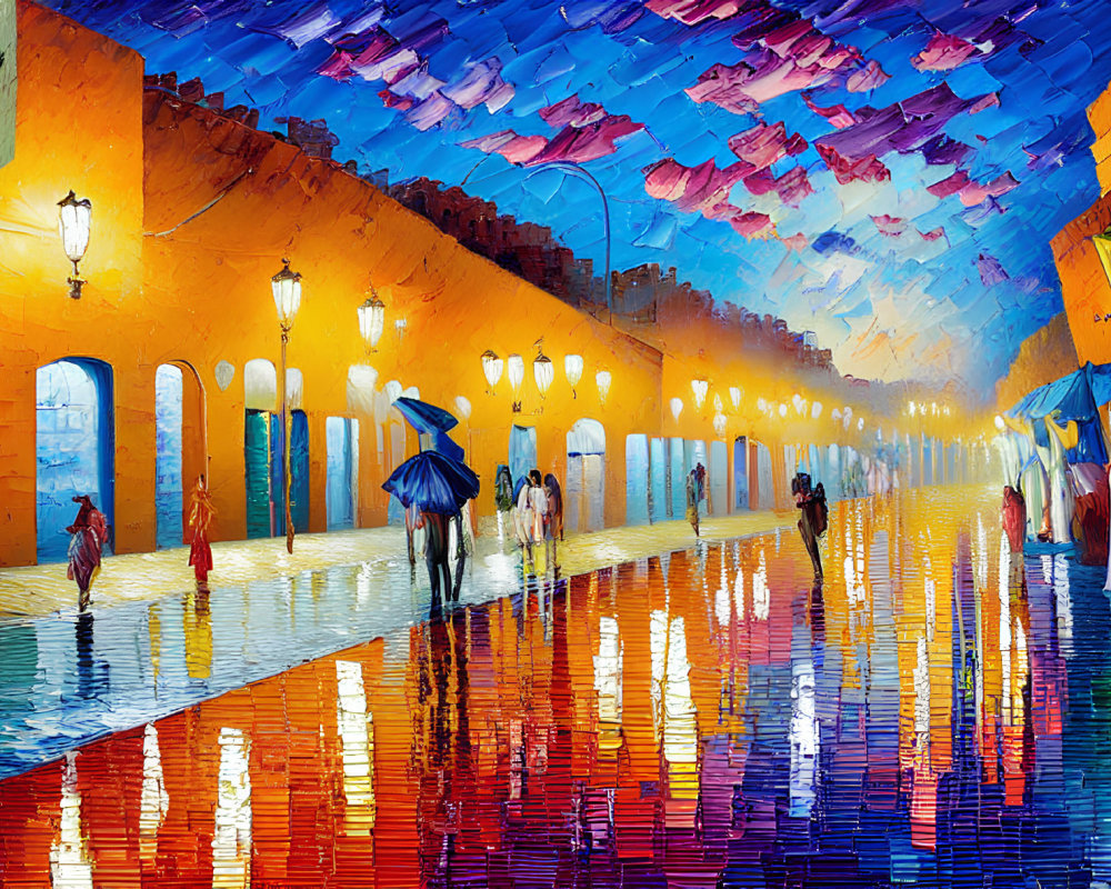 Colorful Impressionistic Painting of People Walking in Rainy Street