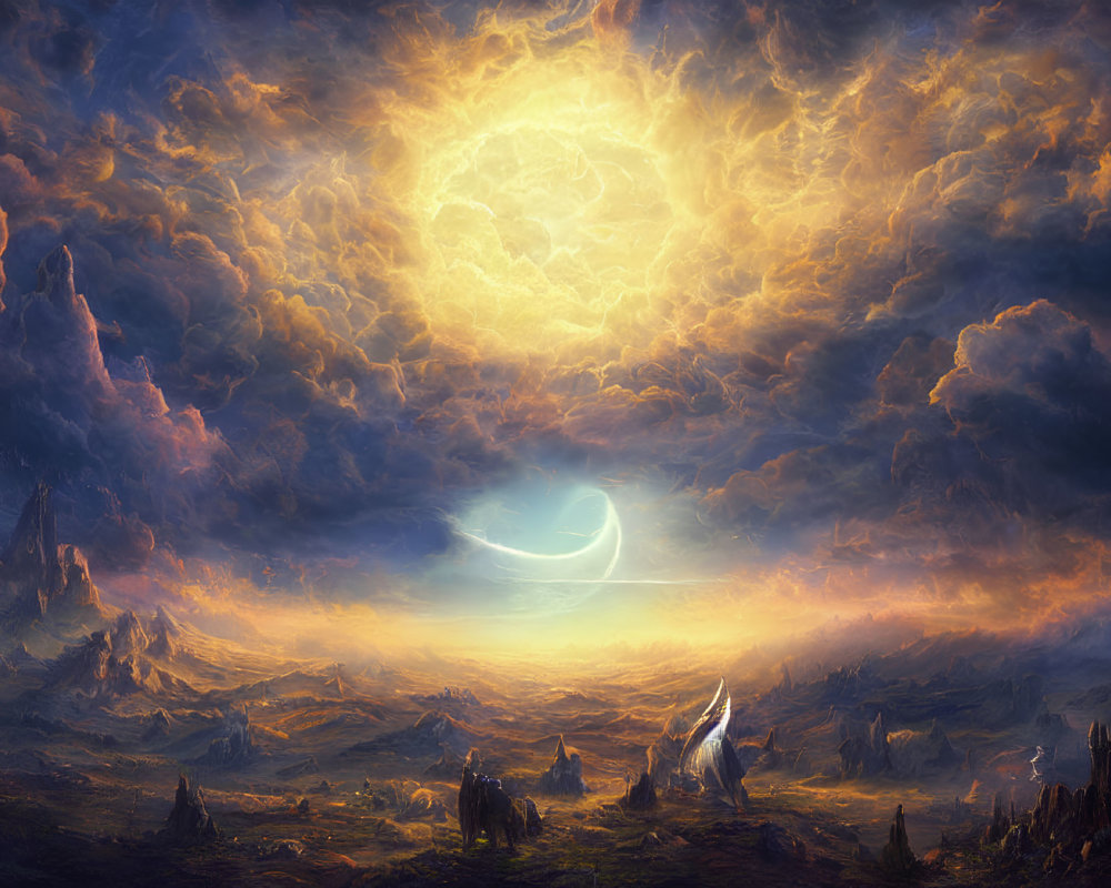 Dramatic landscape with glowing sun, turbulent clouds, rugged terrain, and crescent moon.