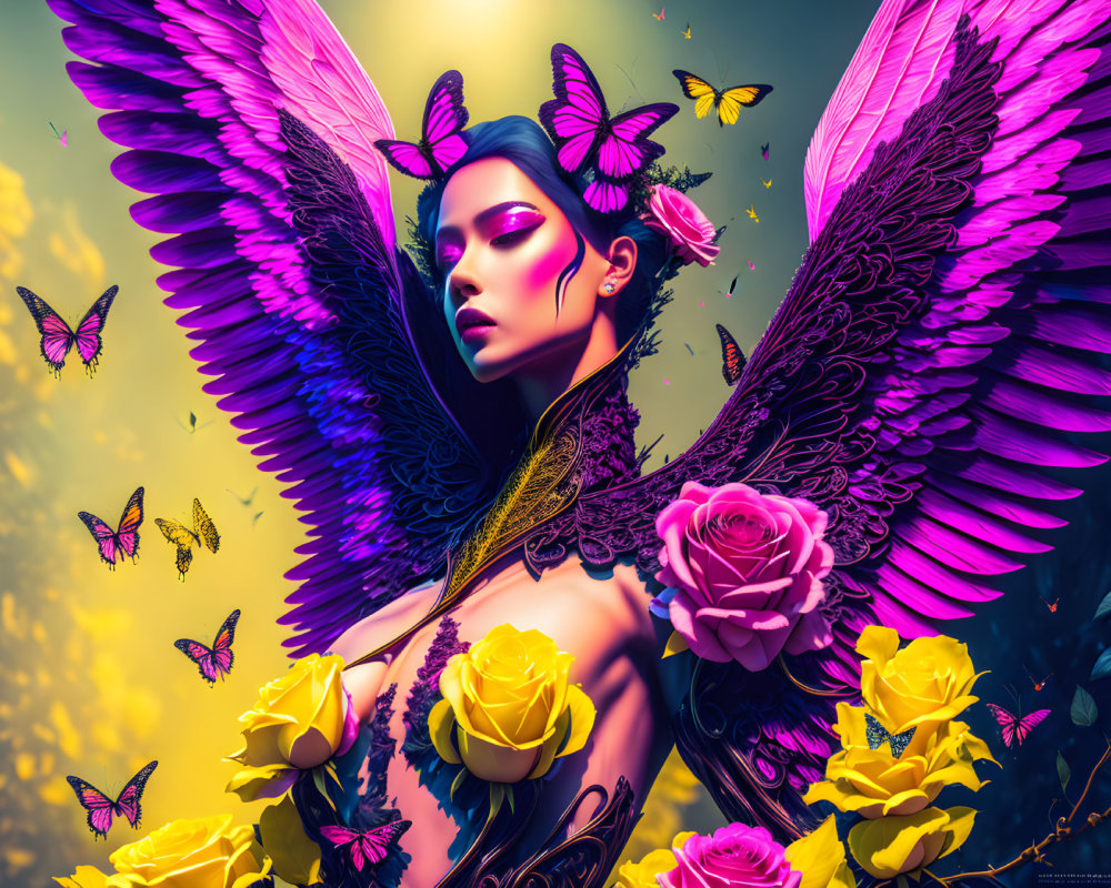 Colorful digital artwork featuring woman with pink wings and butterflies on yellow backdrop.