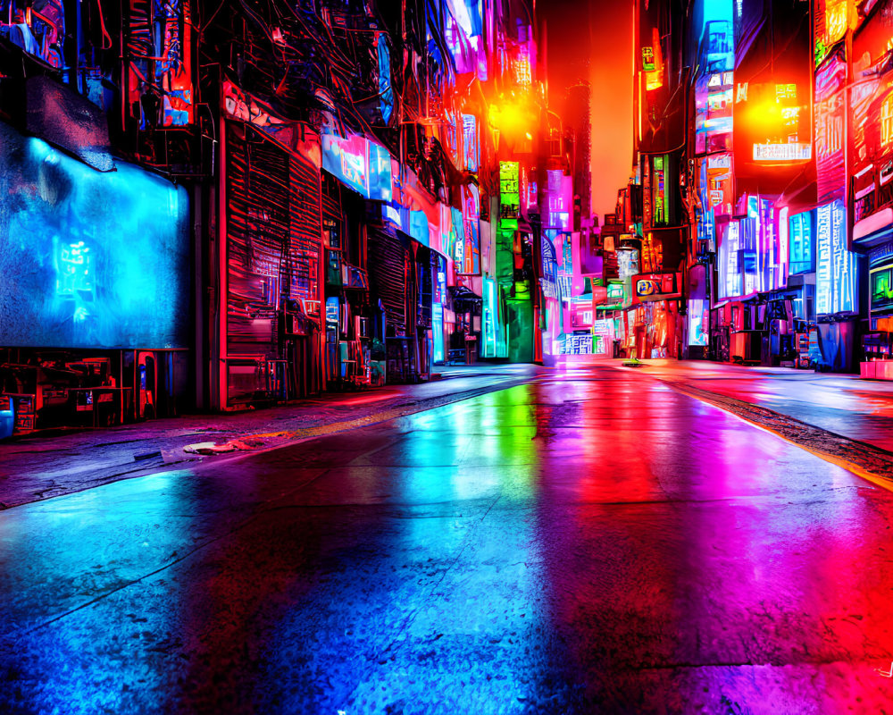 Neon-lit city street at night with cyberpunk aesthetic