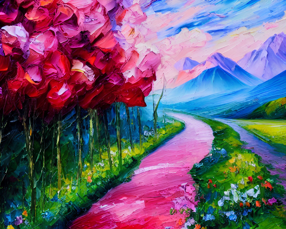 Colorful Impressionistic Painting of Flower-Lined Path to Mountains