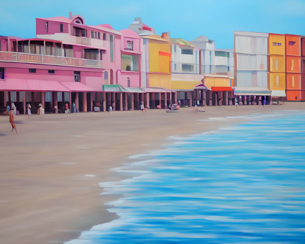 Pastel Beachfront Buildings and Sandy Beach Scene