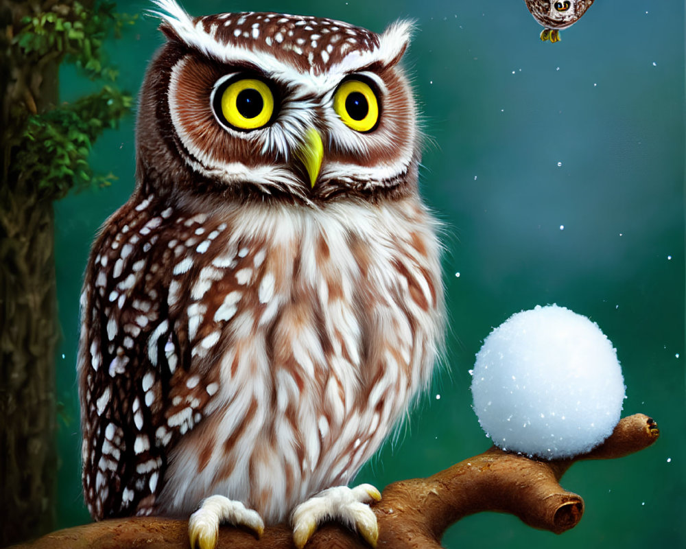 Detailed Illustration of Brown and White Owl on Branch with Small White Sphere