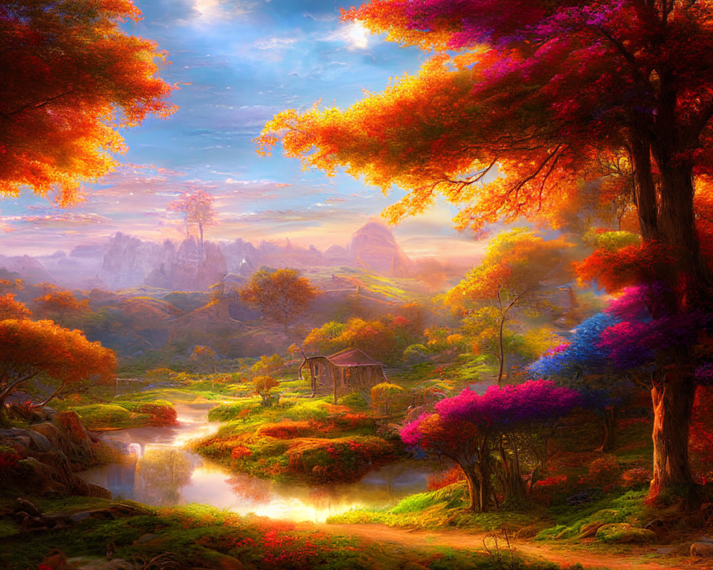 Colorful Fantasy Landscape with River, Cottage, and Rock Formations