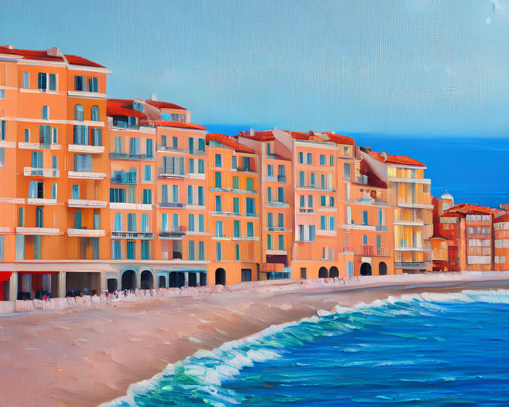 Vibrant Orange Seaside Buildings Overlooking Sandy Beach