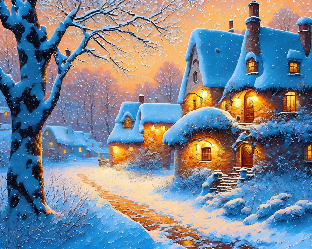 Snow-covered thatched-roof cottages in twilight winter scene with glowing windows and frosty trees