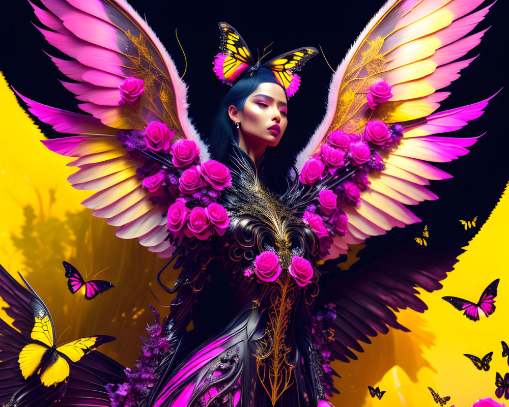 Colorful digital artwork: Woman with butterfly wings and roses, surrounded by butterflies on yellow background