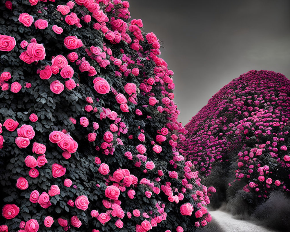 Monochrome landscape with vibrant pink roses on hills