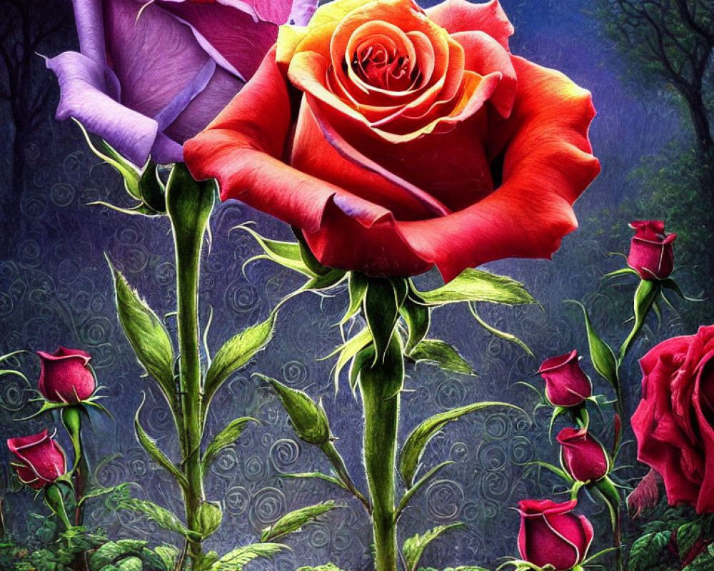 Large Red and Yellow Gradient Rose with Purple Roses and Green Foliage in Dark Forest