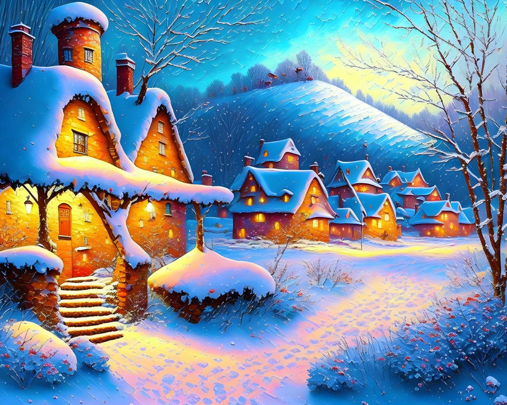 Snow-covered winter village scene with illuminated houses and starry night sky