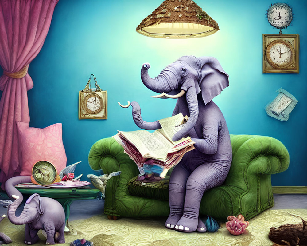 Whimsical anthropomorphic elephant reading with clocks and cat