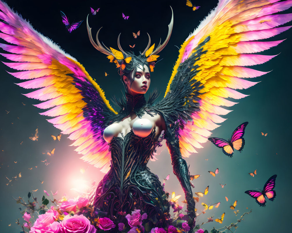 Colorful winged female figure in ornate armor with butterflies and roses on moody background