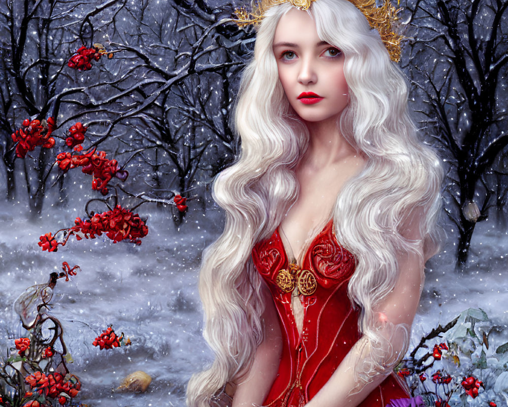 Silver-haired woman with golden crown in wintry forest with red berries and detailed red dress