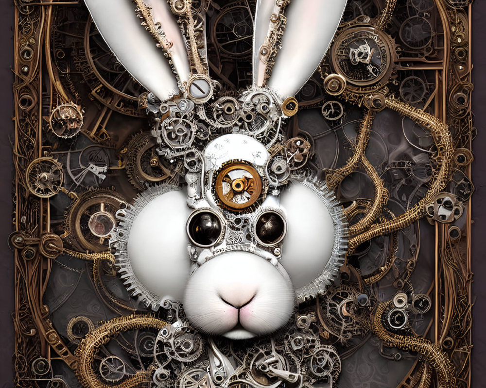 Steampunk-style bunny illustration with clock face and mechanical parts