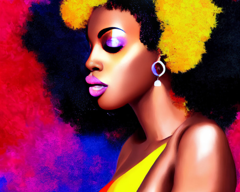 Colorful digital artwork: Woman with yellow afro hair and bold makeup on abstract background