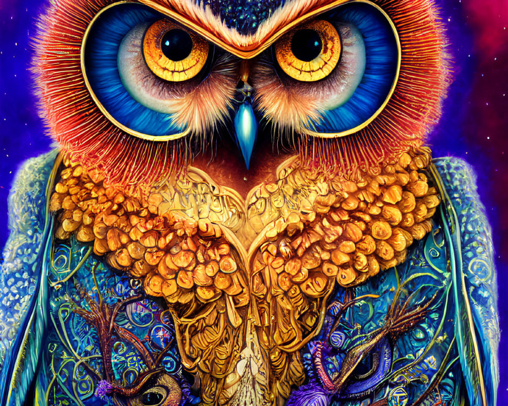 Colorful Psychedelic Owl Illustration with Detailed Patterns and Intense Blue Eyes