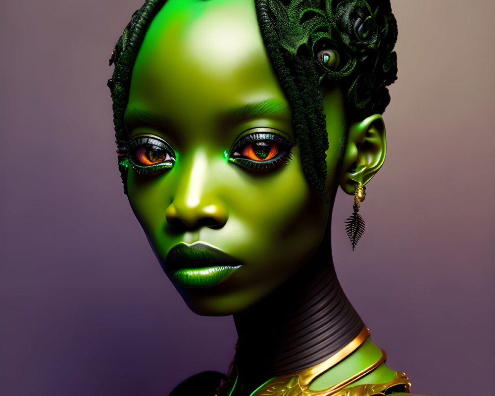 Digital Art Portrait of Female Figure with Green Skin and Metallic Accessories on Purple Background