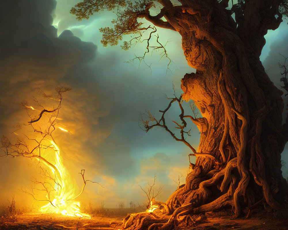 Twisted ancient tree under stormy sky with glowing cracks.