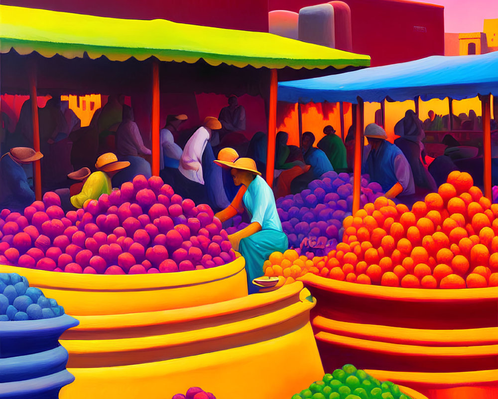 Vibrant market scene with people in hats and colorful fruits.