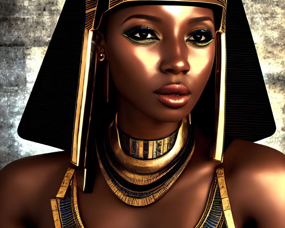 Digital artwork of woman as ancient Egyptian queen with elaborate headdress, eye makeup, and jewelry