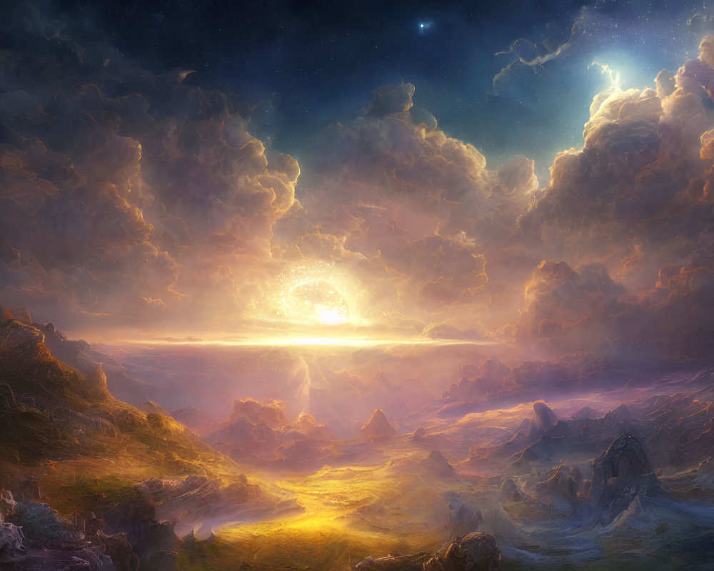 Fantastical sunset landscape with luminous clouds and starry sky