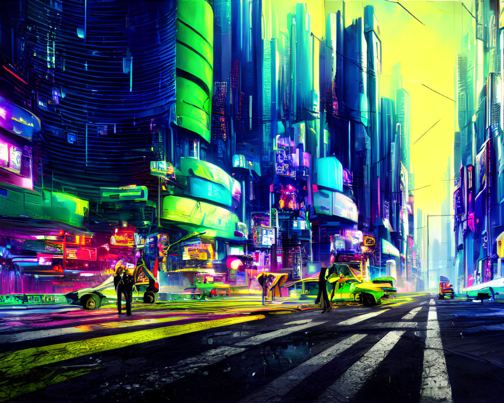 Neon-lit cyberpunk cityscape with futuristic elements