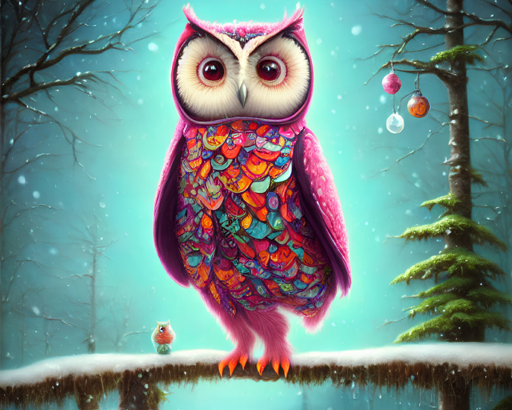 Colorful illustrated owl in snowy landscape with intricate patterns